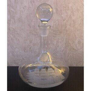 Vintage Toscany hand blown Romanian etched glass clipper ship Decanter Barware